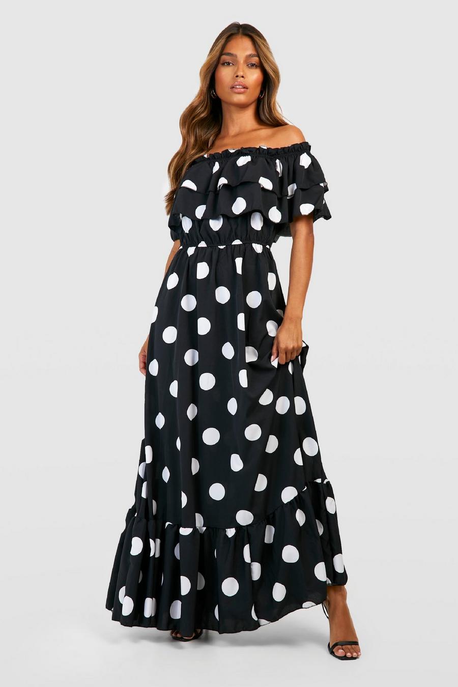 Black Polka Dot Off The Shoulder Maxi Dress image number 1
