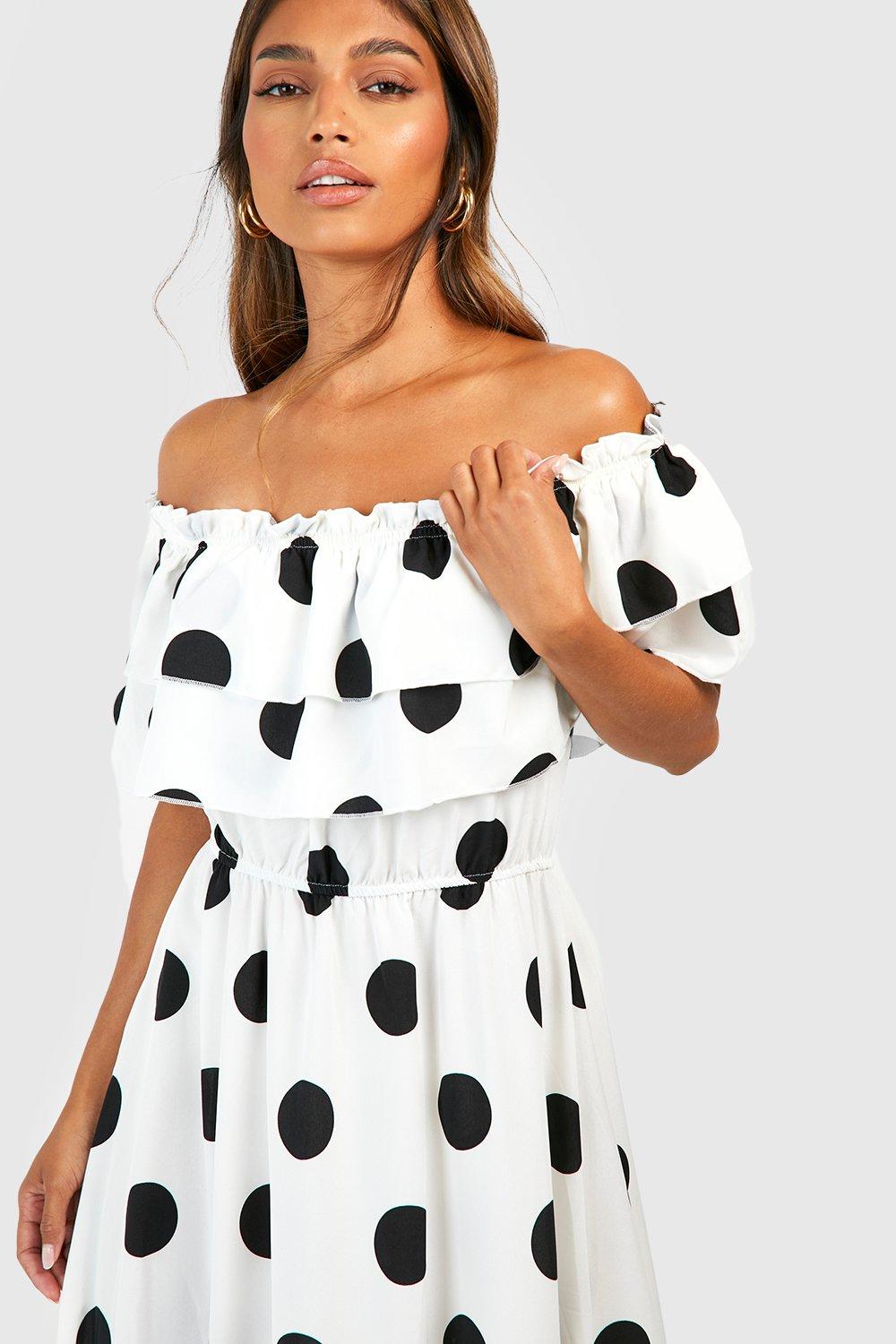 Black and white polka 2025 dot off the shoulder to