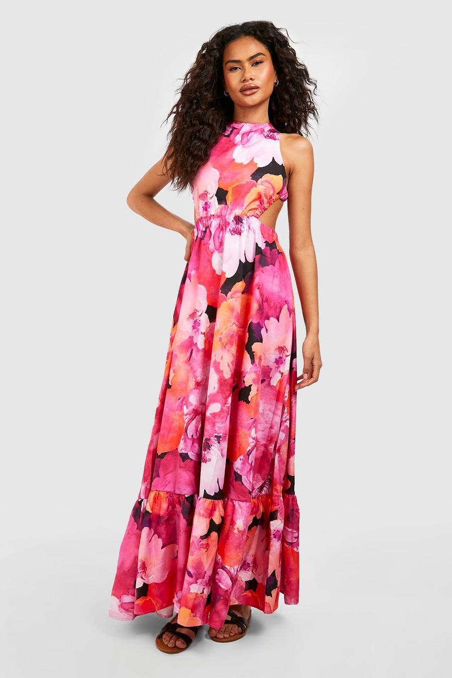 Vestido maxi con espalda cruzada y estampado de flores abstracto, Pink image number 1