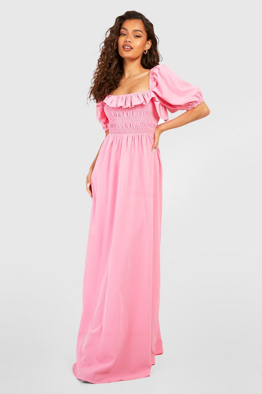 Pink Puff Sleeve Shirred Maxi Dress 