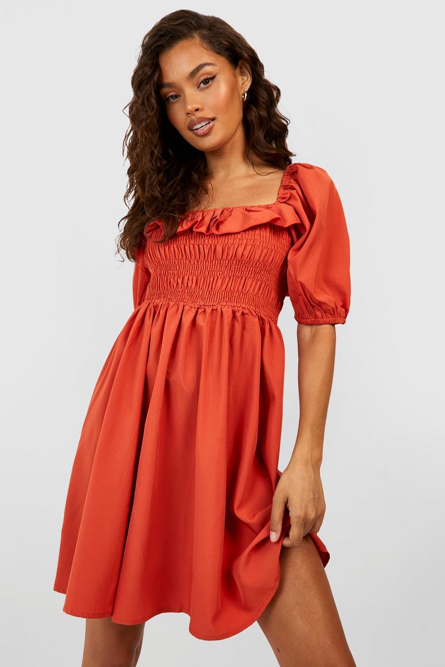 Rust Puff Sleeve Shirred Skater Dress image number 1
