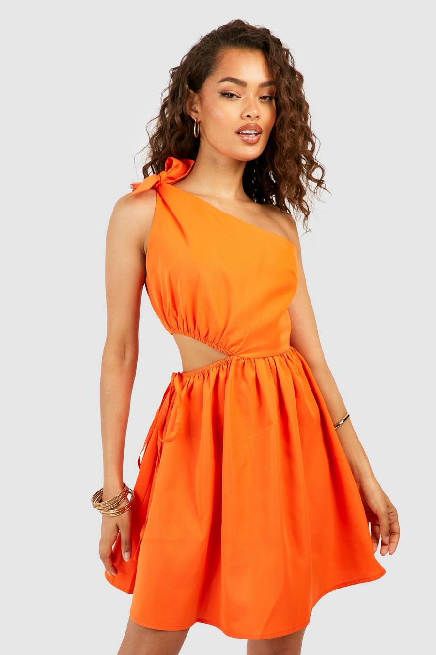 Orange One Shoulder Cut Out Mini Skater Dress image number 1