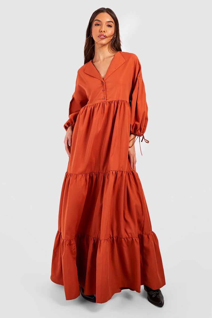 Rust Woven Tiered Blouson Sleeve Maxi Dress