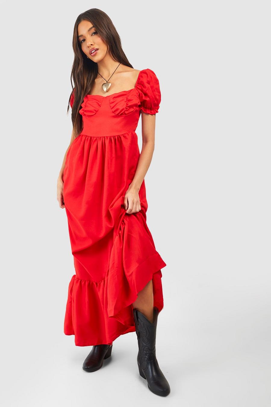 Vestido maxi de tela escalonado con escote de corazón, Red image number 1
