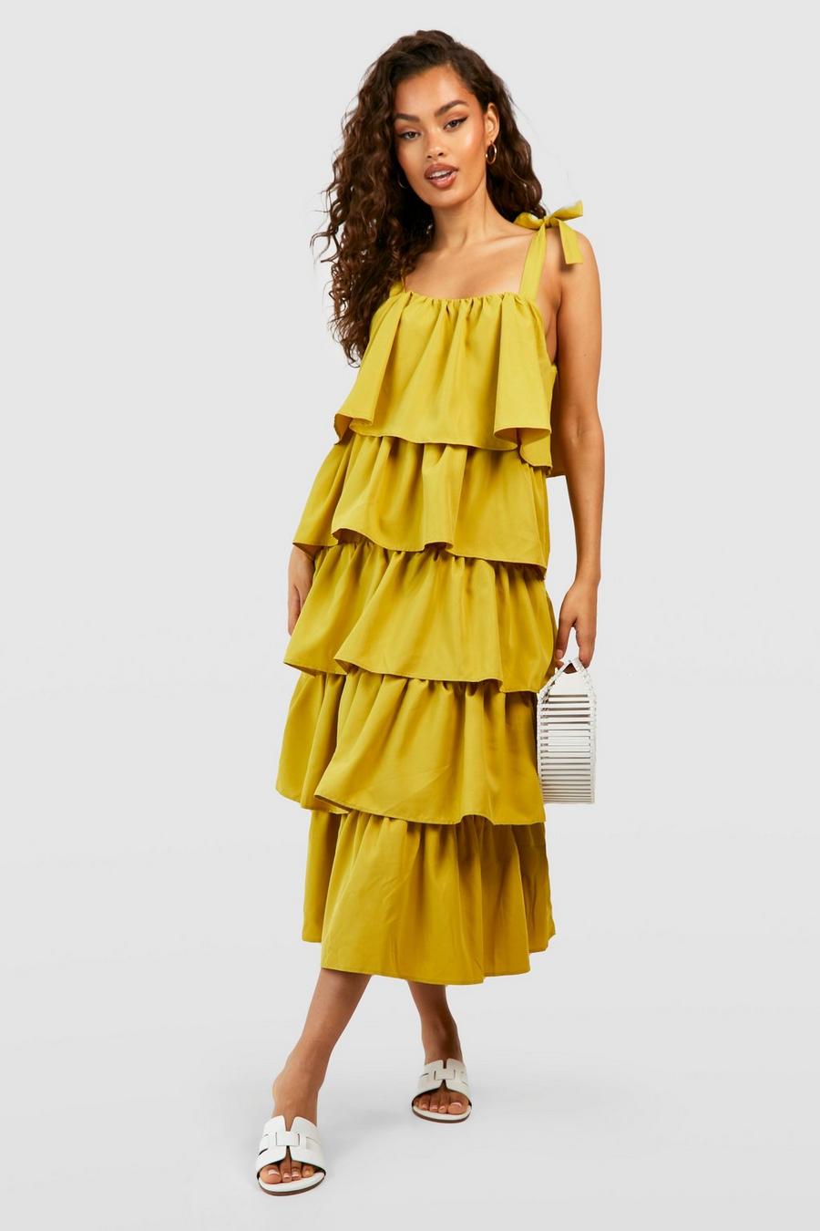 Chartreuse Ruffle Tiered Midi Dress image number 1