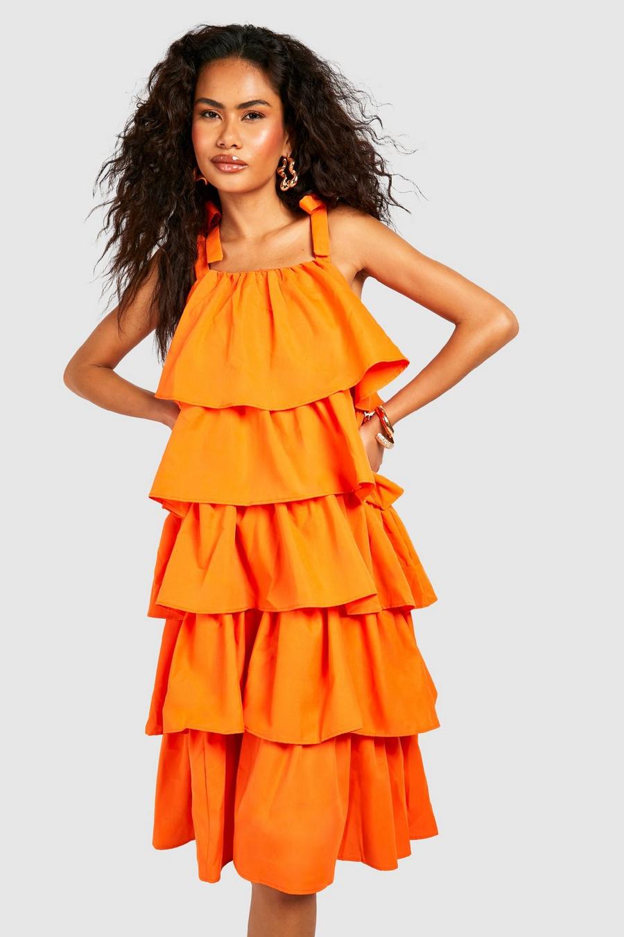 Orange Ruffle Tiered Midi Dress image number 1