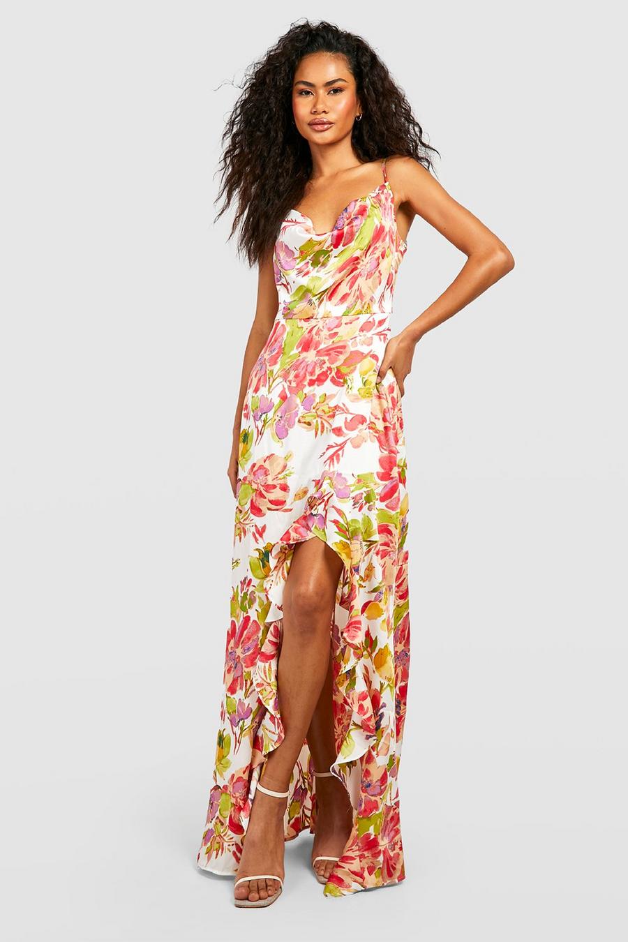 Pink Floral Ruffle Maxi Slip Dress