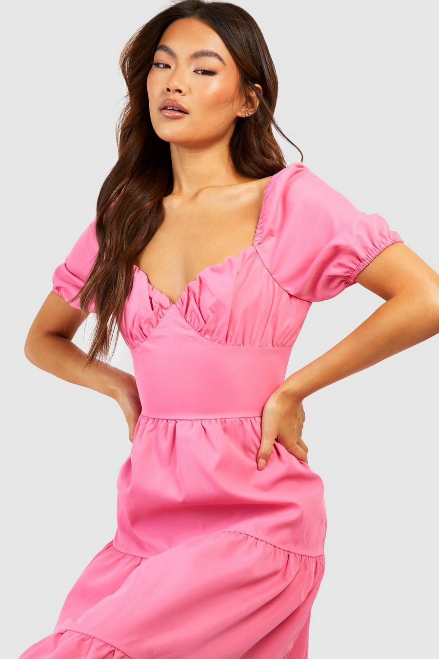 Pink Puff Sleeve Tiered Midi Skater Dress image number 1