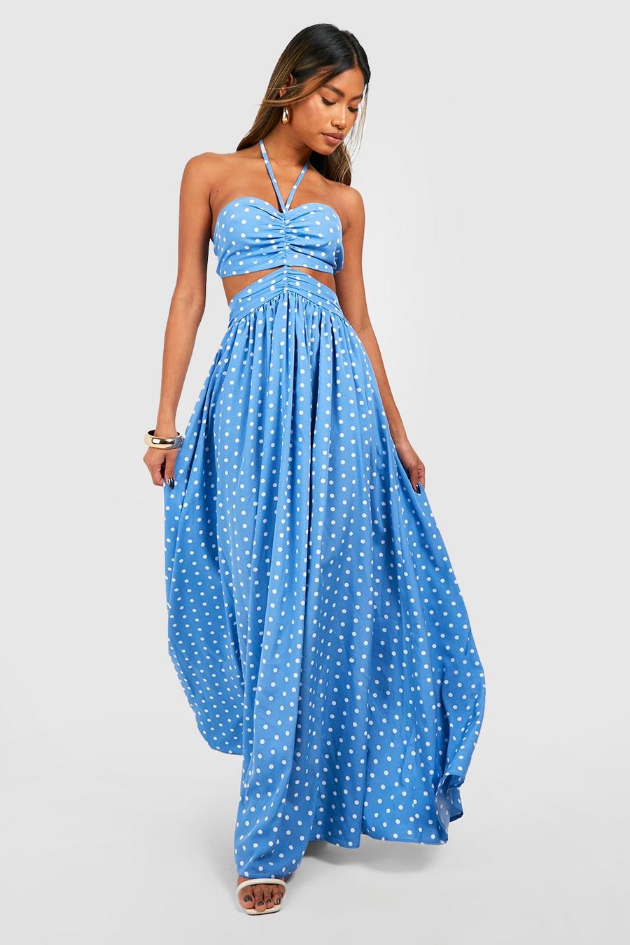 Blue Polka Dot Halter Cut Out Maxi Dress image number 1
