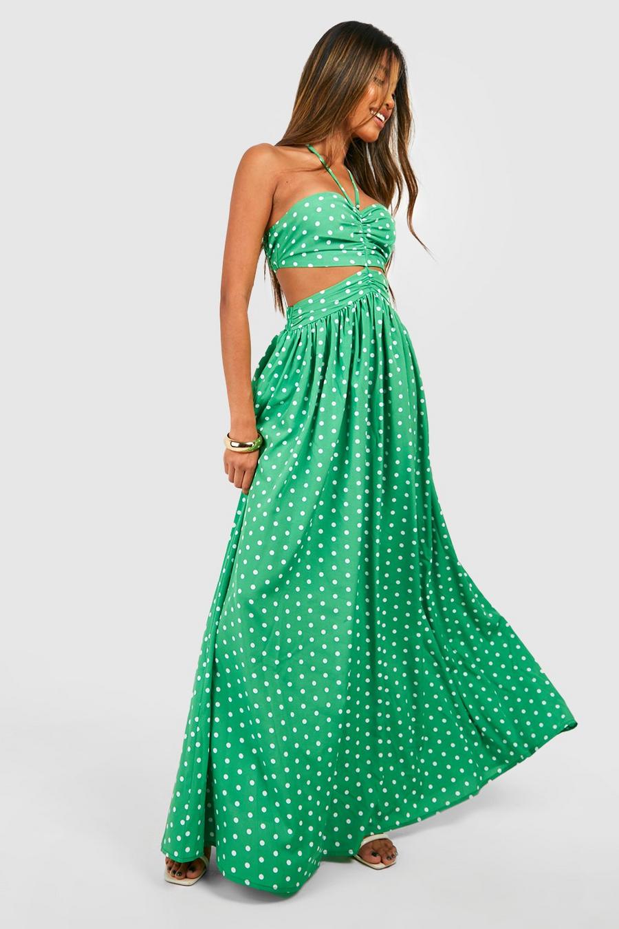 Green Polka Dot Halterneck Cut Out Maxi Dress image number 1