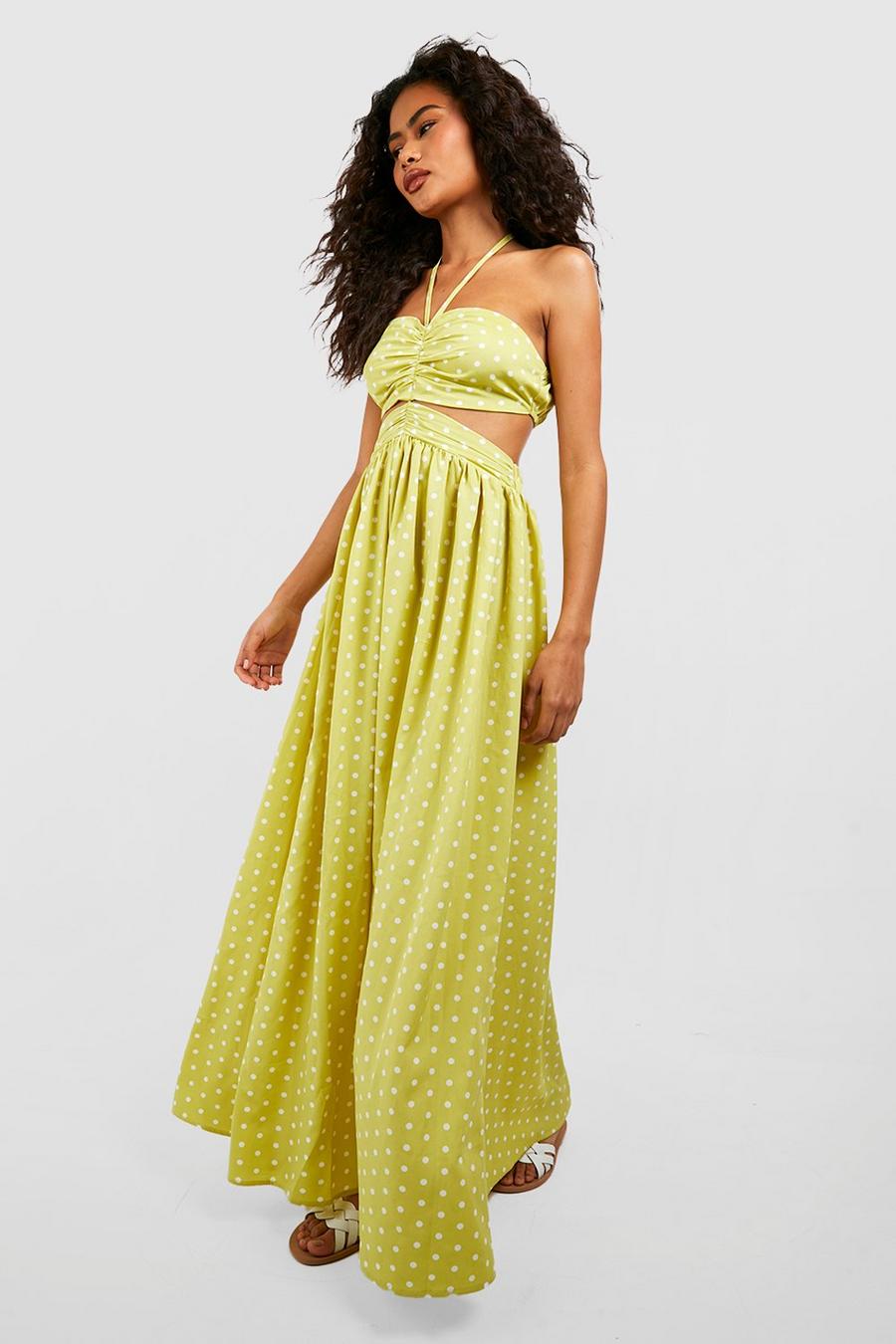 Yellow Polka Dot Halterneck Cut Out Maxi Dress image number 1