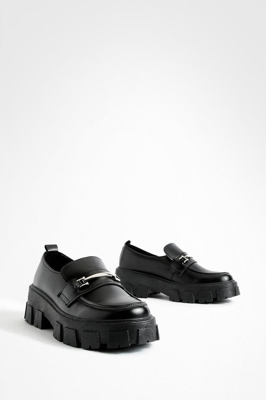 Black Wide Width Chunky Sole T Bar Loafers