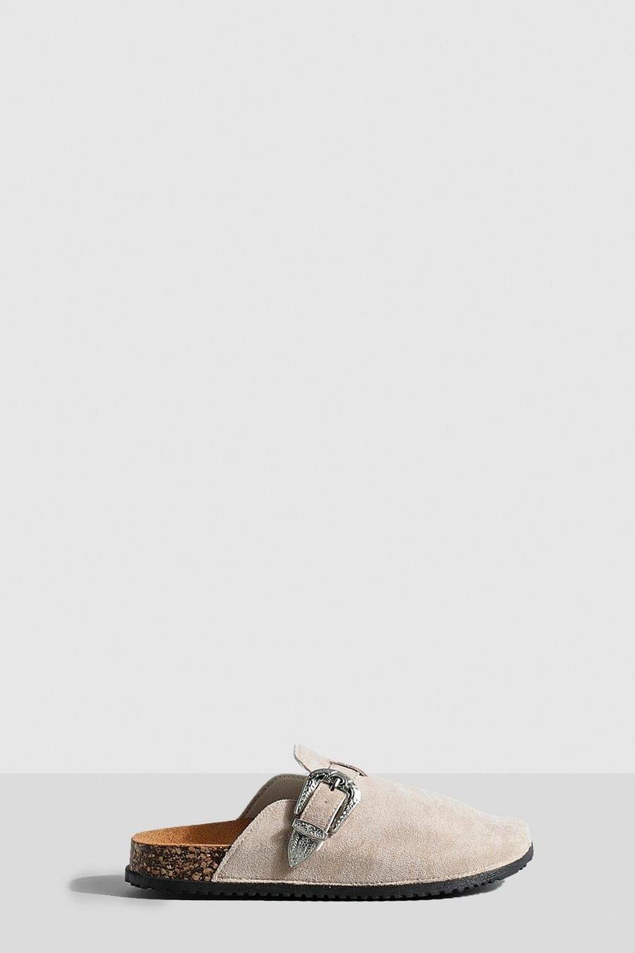 Taupe beige Western Buckle Clogs 
