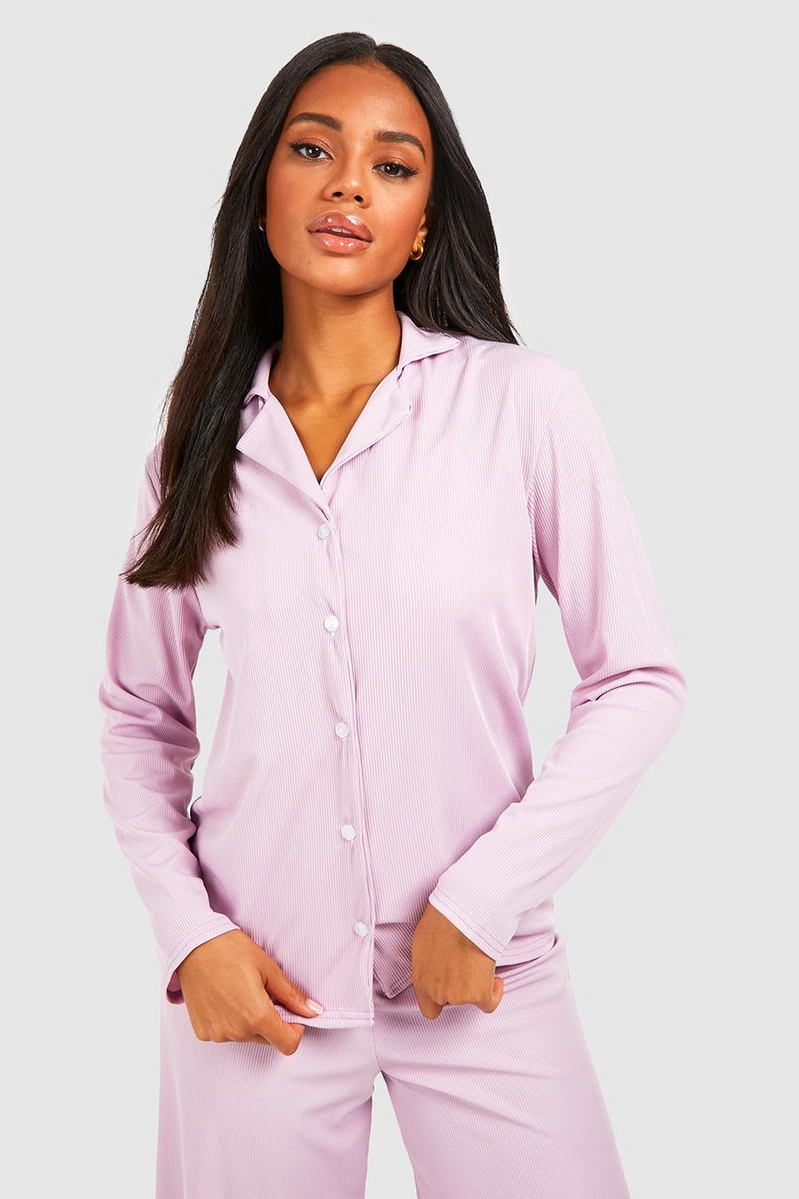 Langärmliges geripptes Jersey Pyjama-Oberteil mit Knopfleiste, Lilac image number 1