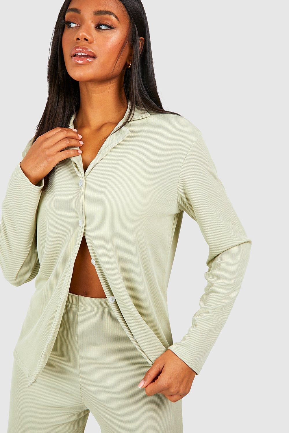 Ribbed Jersey Long Sleeve Button Up Pj Top