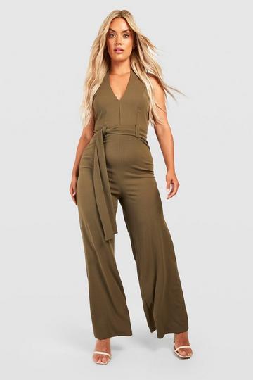 Plus Halterneck Tie Belt Wide Leg Jumpsuit olive