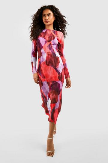 Abstract Printed Plisse Midi Dress purple