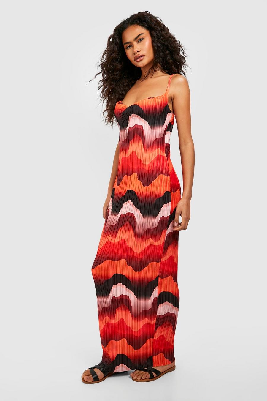 Robe longue plissée à imprimé abstrait, Orange image number 1