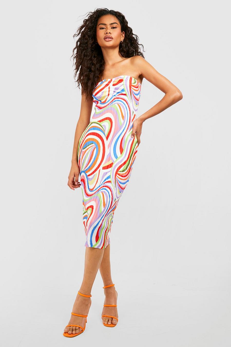 Multi mehrfarbig Abstract Printed Plisse Bandeau Midi Dress