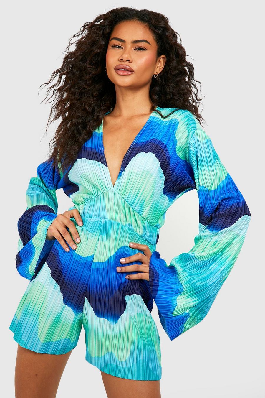 Blue Abstract Plisse Flare Sleeve Playsuit image number 1
