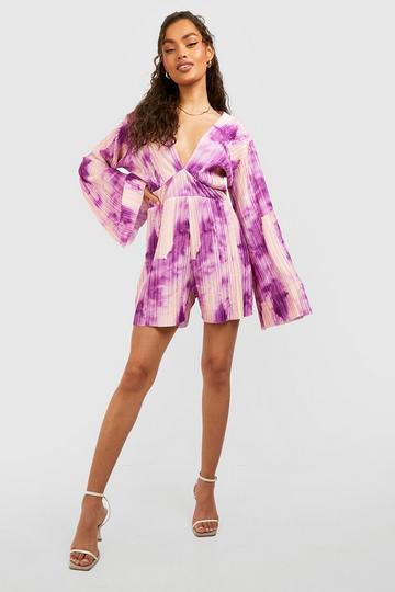 Purple Abstract Plisse Flare Sleeve Romper