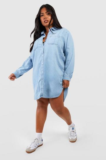 Plus Button Down Denim Shirt Dress light blue