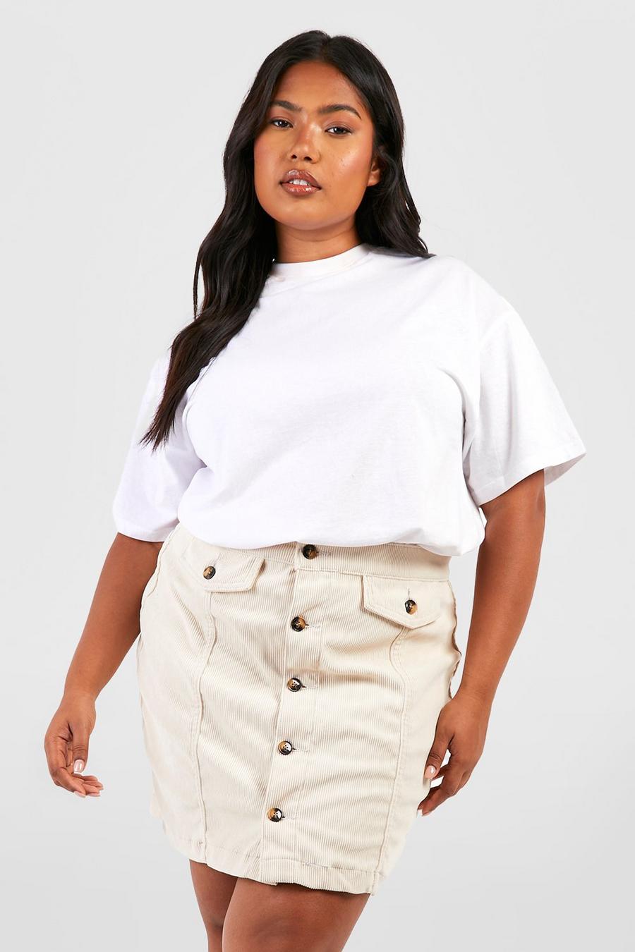 Ecru white Plus Cord Button Front High Waisted Skirt 