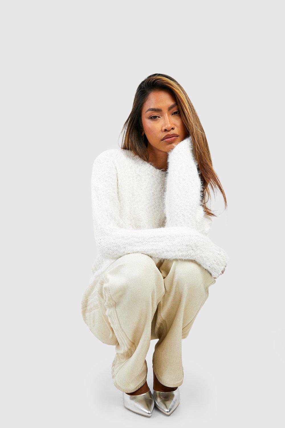 Ladies white fluffy jumper best sale