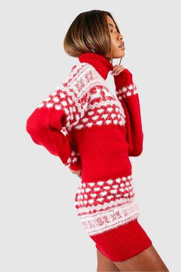 Fluffy Knit Roll Neck Fairisle Christmas Jumper Dress red
