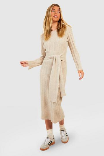 Camel Beige Mixed Rib Soft Knit Belted Sweater Dress