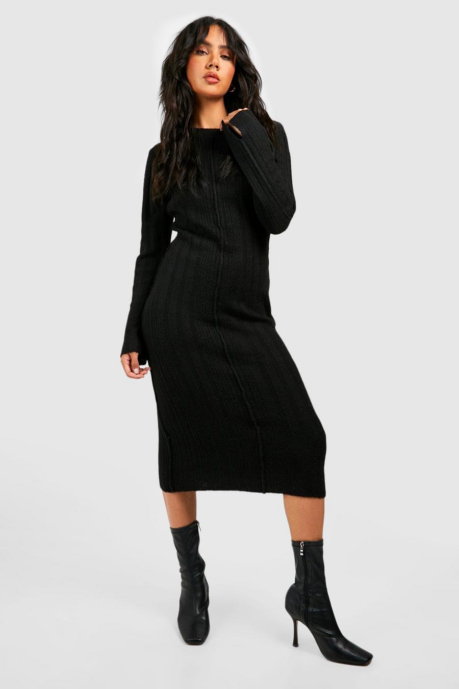 Black Mixed Rib Soft Knit Midi Dress