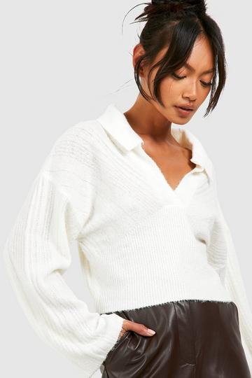 Mixed Soft Rib Knit Polo Collar Sweater ecru