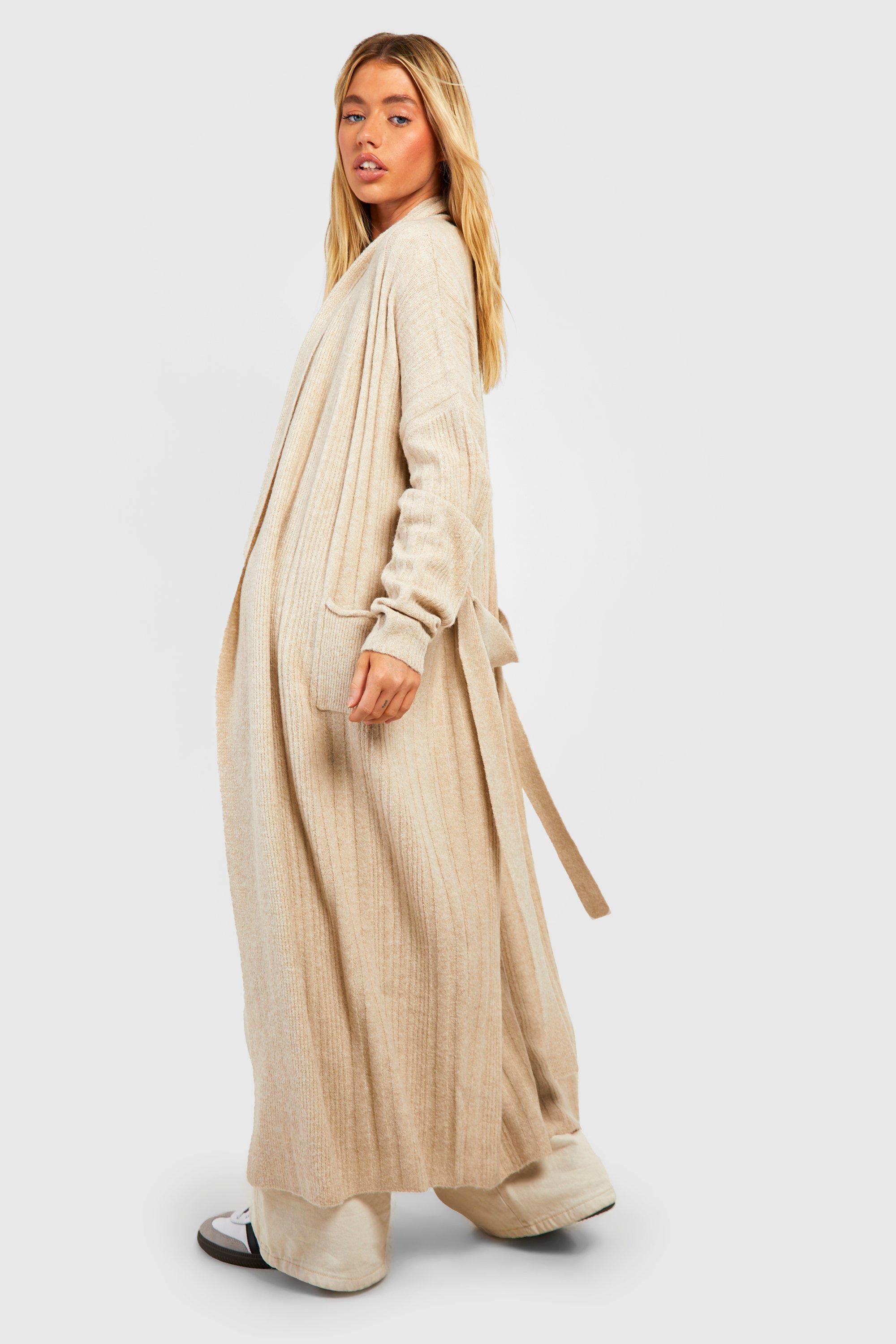 Soft Knit Mixed Rib Belted Maxi Cardigan