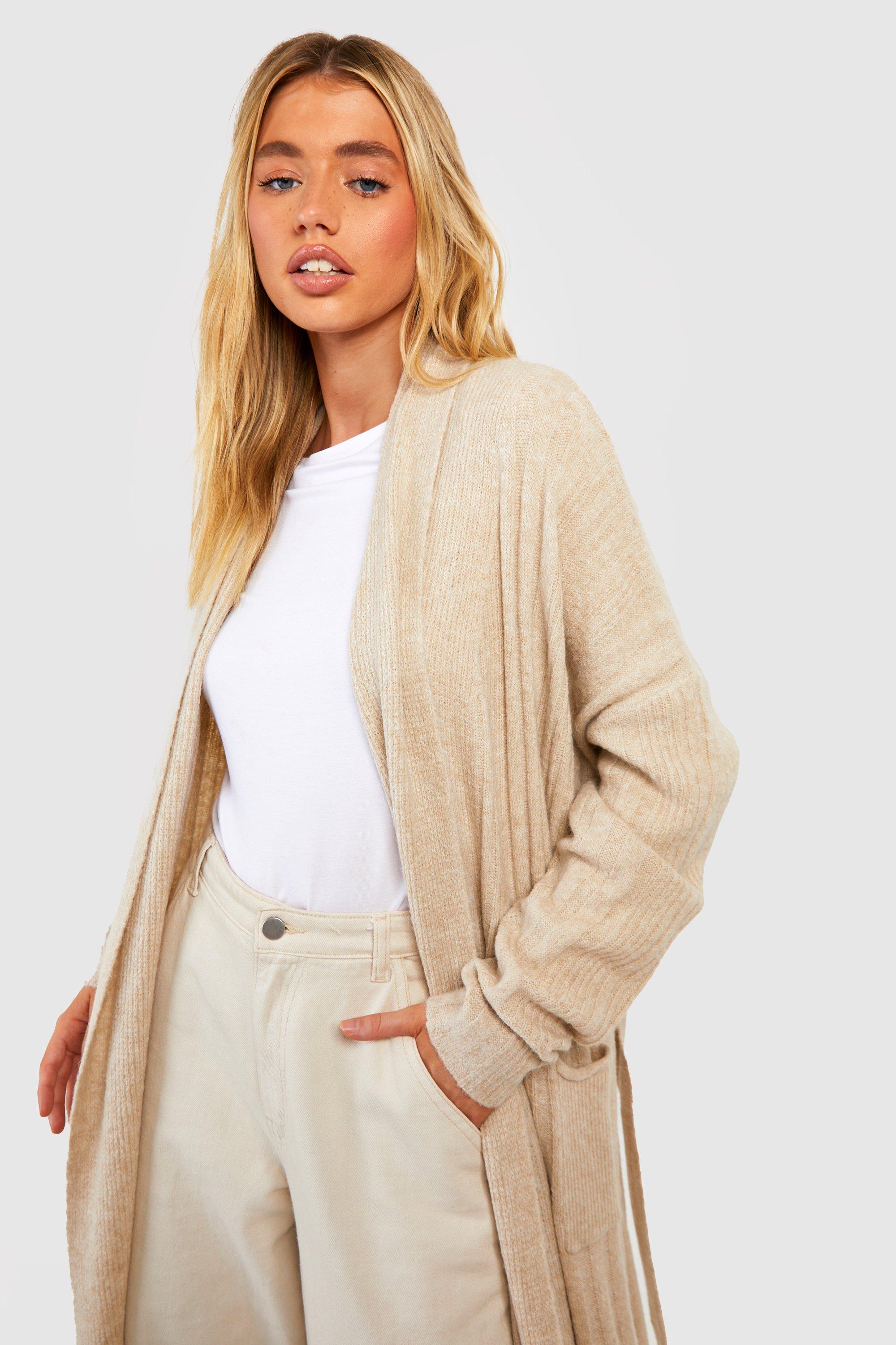 Soft Knit Mixed Rib Belted Maxi Cardigan boohoo