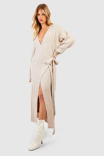 Soft Mixed Rib Knit Belted Maxi Sweater Dress taupe