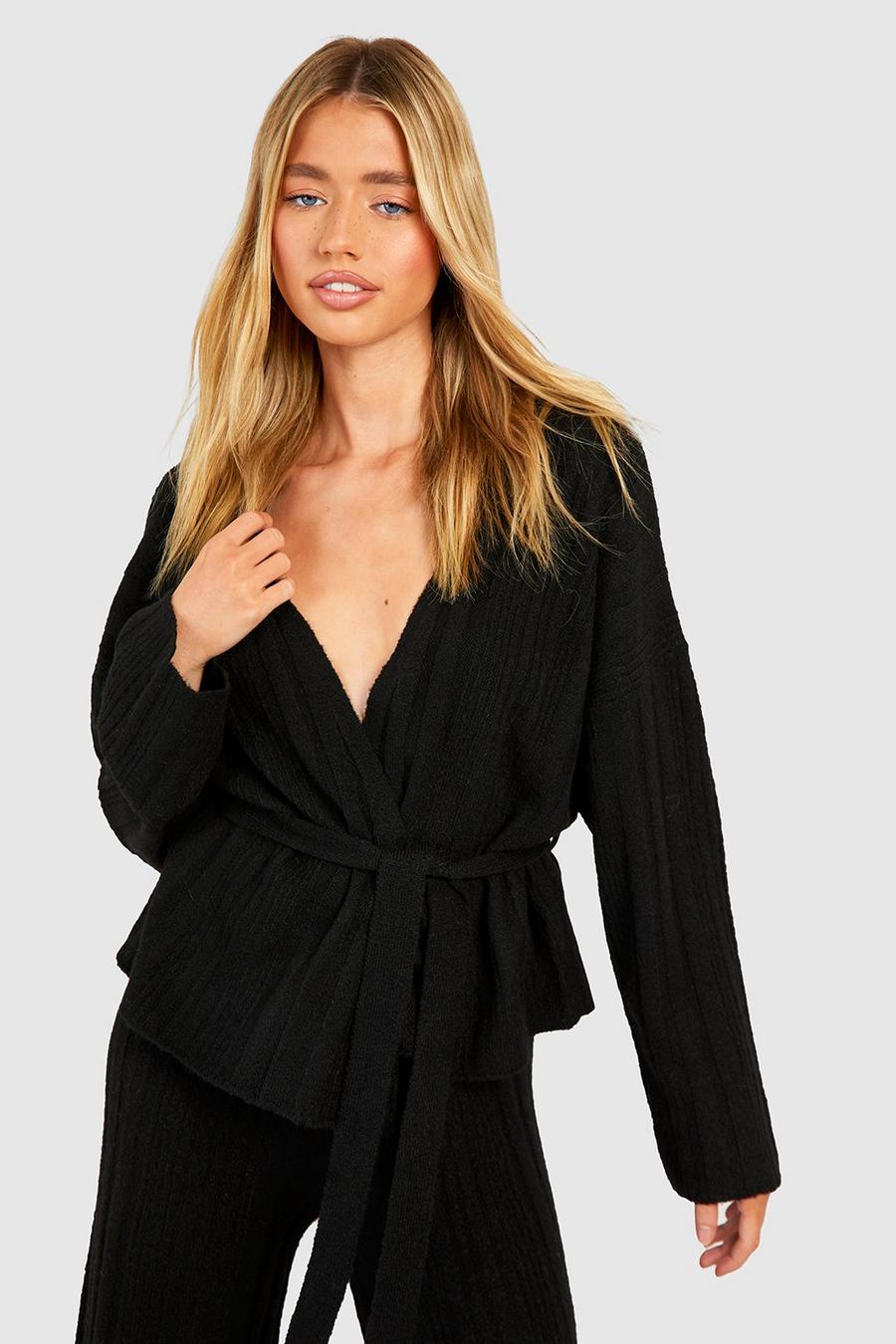 Black Soft Mixed Rib Knit Belted Crop Cardigan image number 1