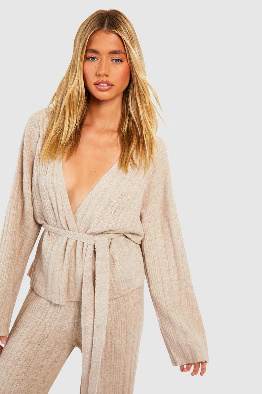 Taupe beige Soft Mixed Rib Knit Belted Crop Cardigan