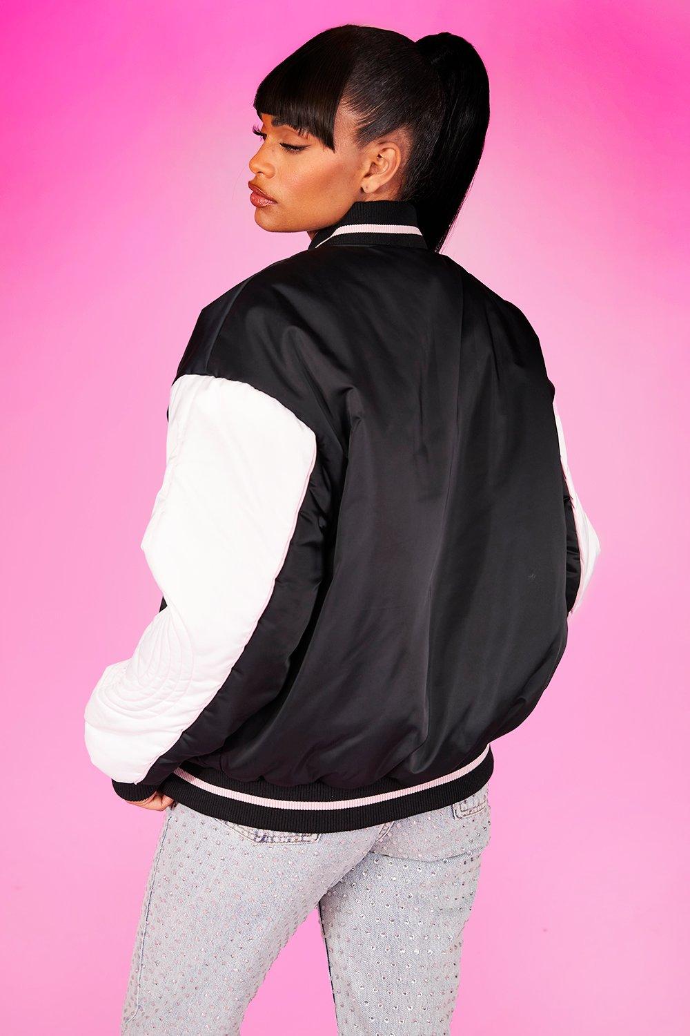 Girls black embroidered varsity bomber jacket