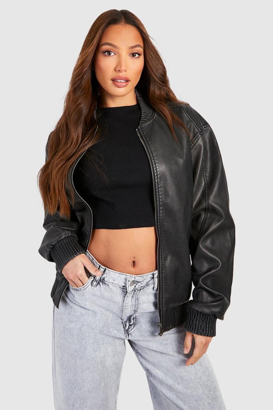 This Is It Faux Leather Bomber Jacket in Black Black / XL