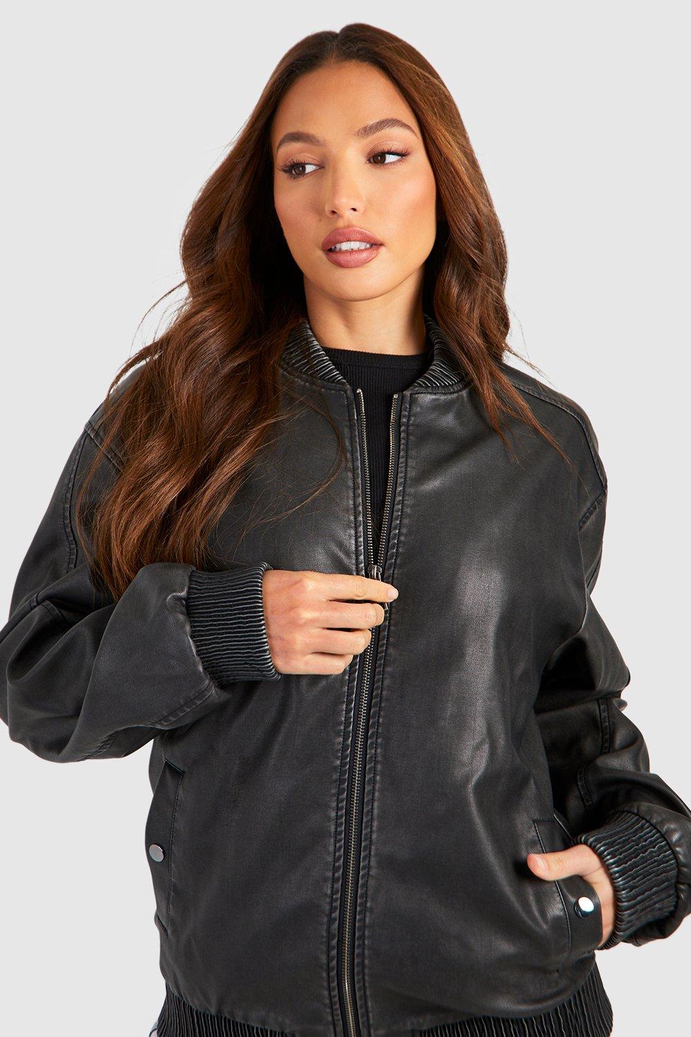 Black Faux Leather Bomber Jacket