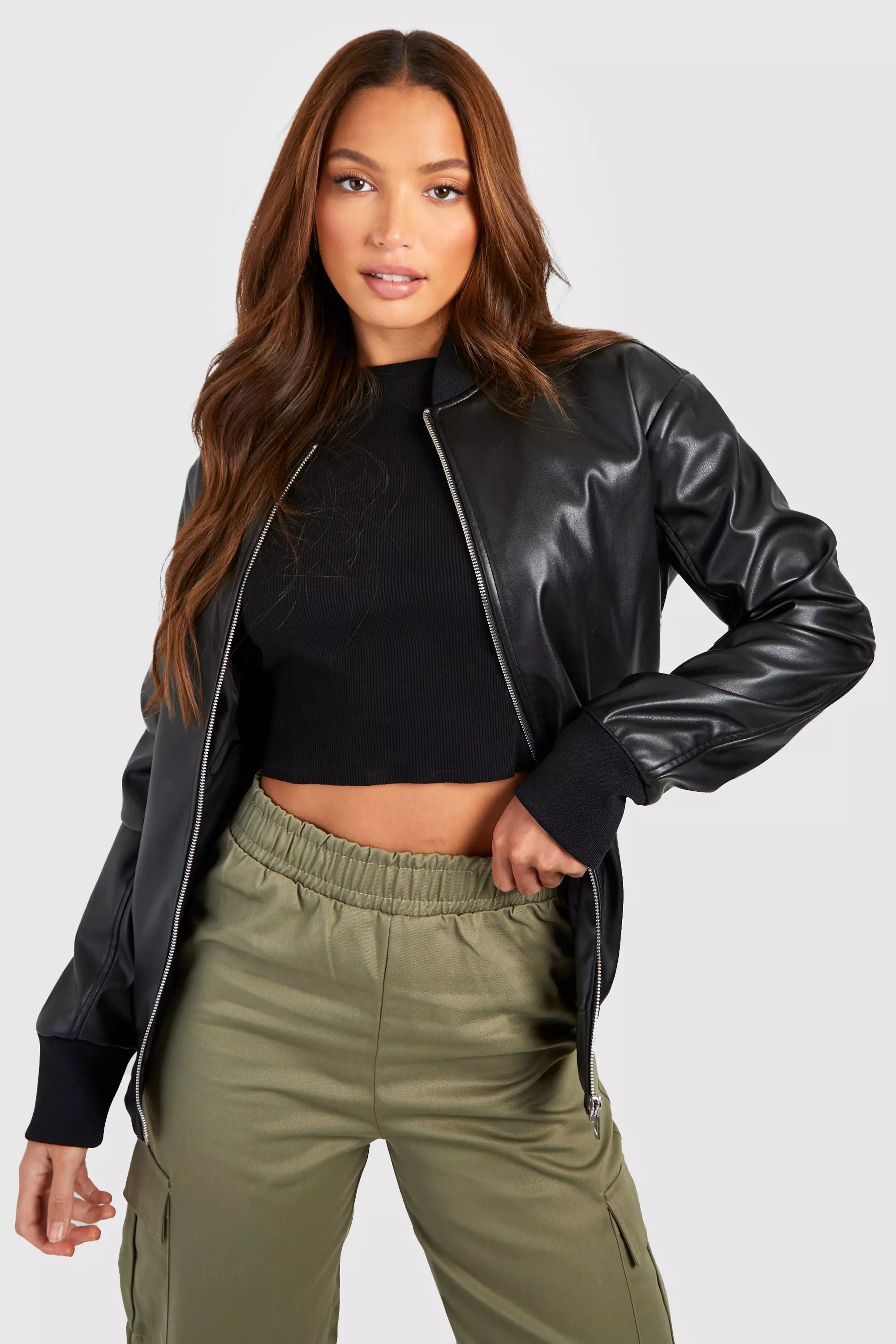 Leather look bomber jacket womens 2025