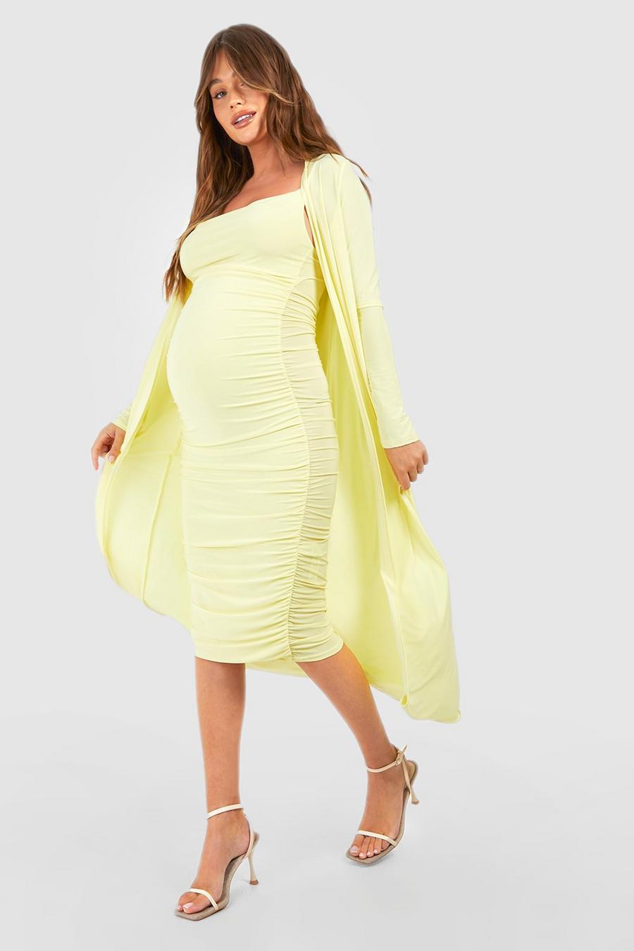Lemon yellow Maternity Strappy Cowl Neck Dress And Duster Coat