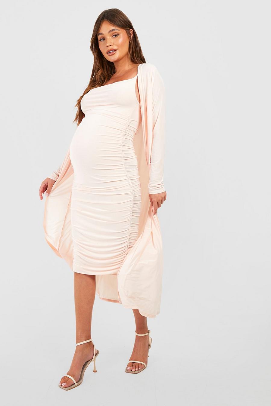 Nude Maternity Strappy Cowl Neck Dress And Duster Coat image number 1