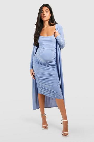 Blue Maternity Strappy Cowl Neck Dress And Duster Coat