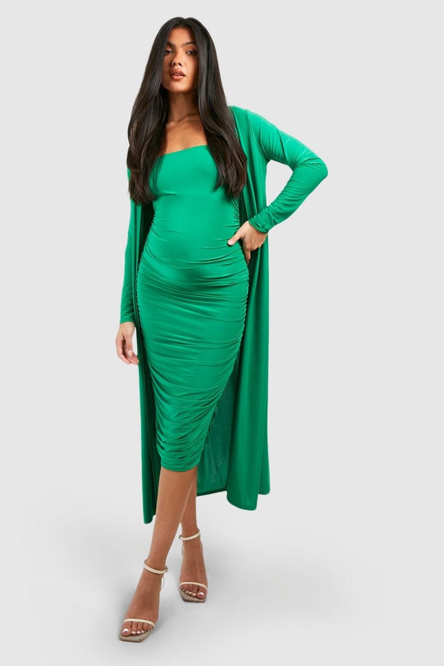 Umstandsmode gerafftes Set aus Kleid mit geradem Ausschnitt & Duster-Mantel, Bright green image number 1