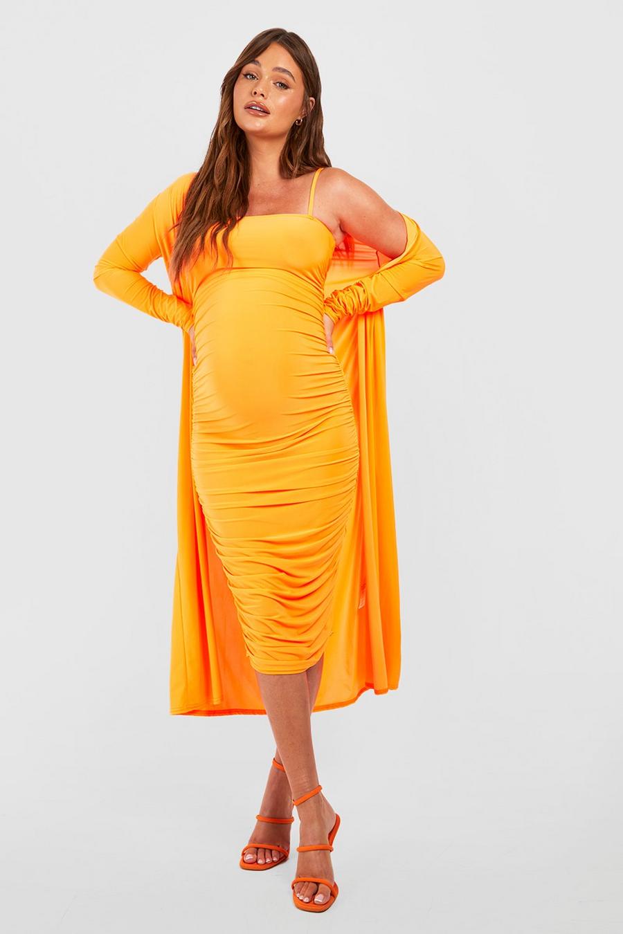 Umstandsmode gerafftes Set aus Kleid mit geradem Ausschnitt & Duster-Mantel, Orange image number 1