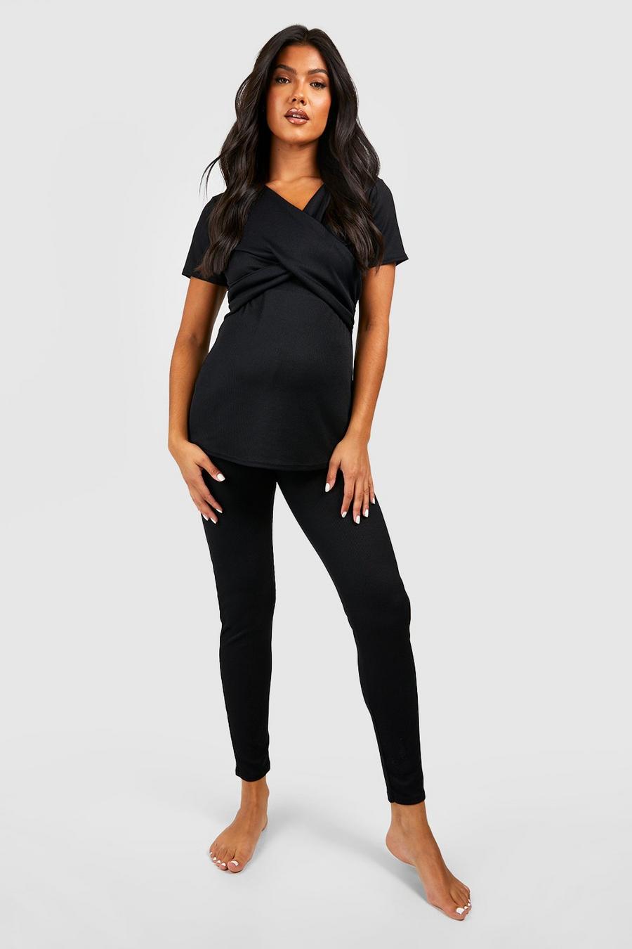 Black Maternity Rib Wrap Nursing Pyjama Legging Set