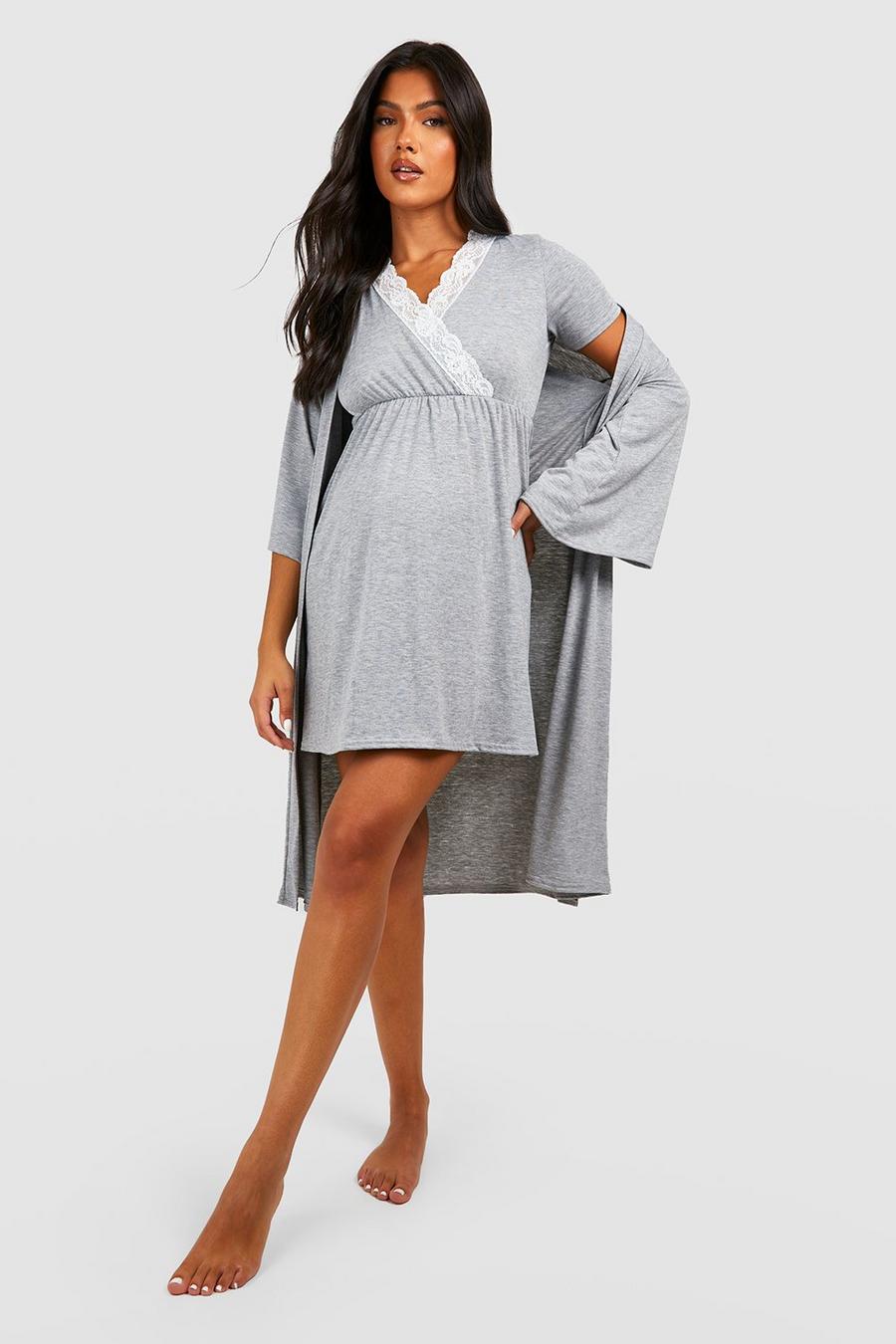 Grey marl grå Maternity Nursing Nightie & Kimono Robe Set