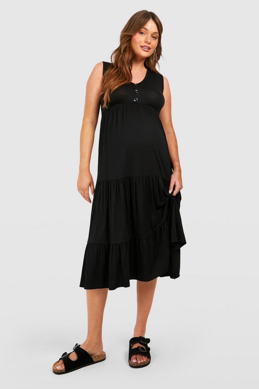 Black Maternity Button Down Smock Midi Dress image number 1