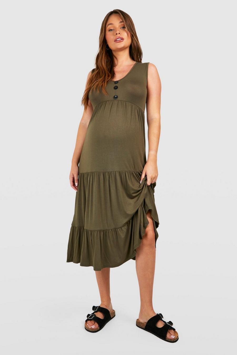 Khaki Maternity Button Down Smock Midi Dress image number 1